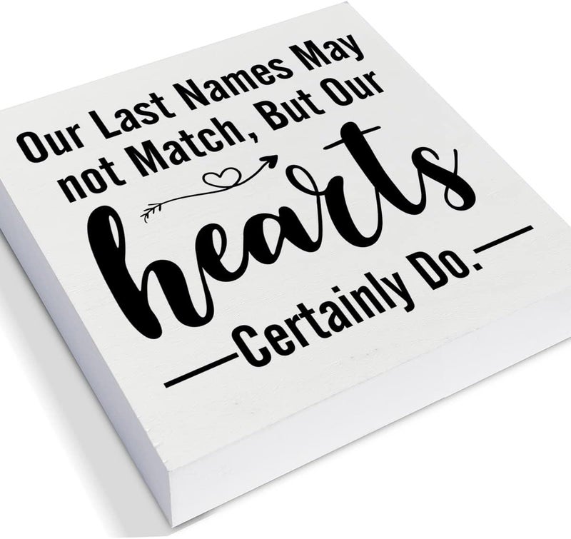 PIXCEOS Blended Family Decorative Wooden Box Sign Our Last Names May not Match But Our Hearts Certainly Do Wood Block Plaque Decor Rustic Shelf or Wall Display for Home Living Room Bedroom - Image 2